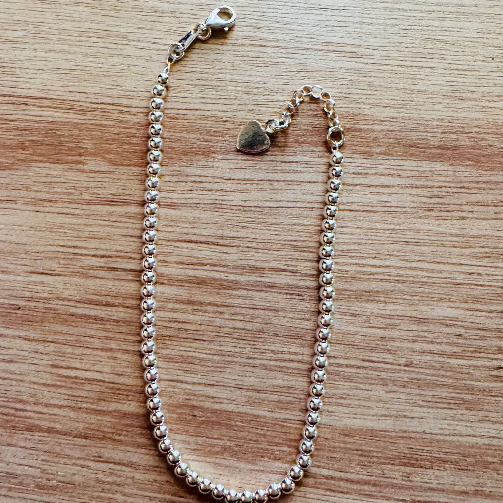 Pulsera de Bolitas 3mm con corazón dama plata 0.925, 18-21cm-Ajustable