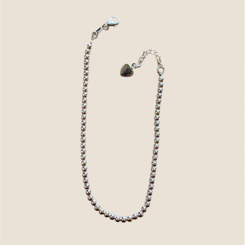 Pulsera de Bolitas 3mm con corazón dama plata 0.925, 18-21cm-Ajustable