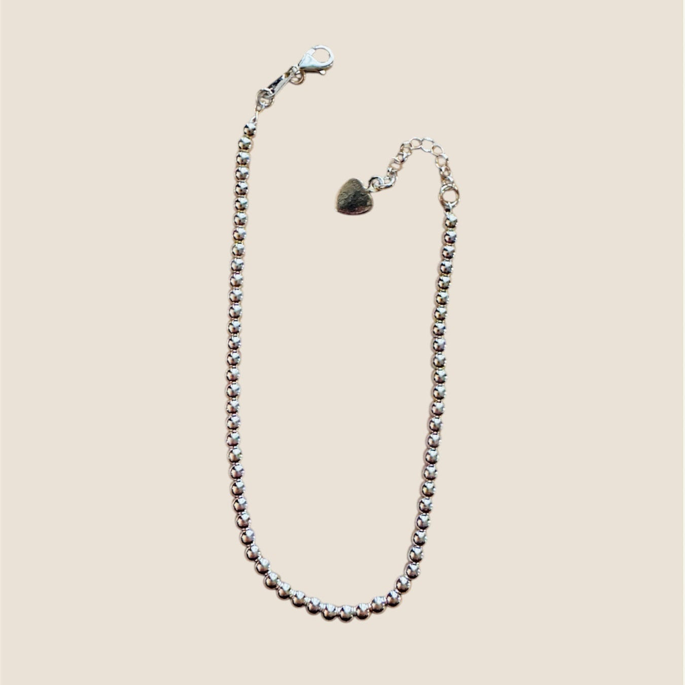 Pulsera de Bolitas 3mm con corazón dama plata 0.925, 18-21cm-Ajustable