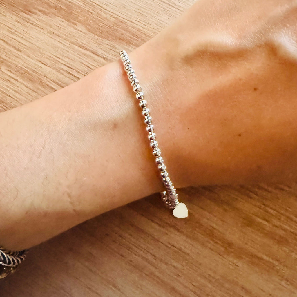 Pulsera de Bolitas 3mm con corazón dama plata 0.925, 18-21cm-Ajustable